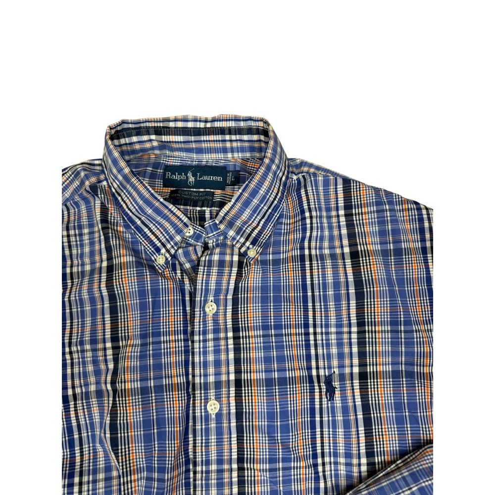 Ralph Lauren Mens Custom Fit Blue Orange Plaid Button Down Shirt Large L Pony